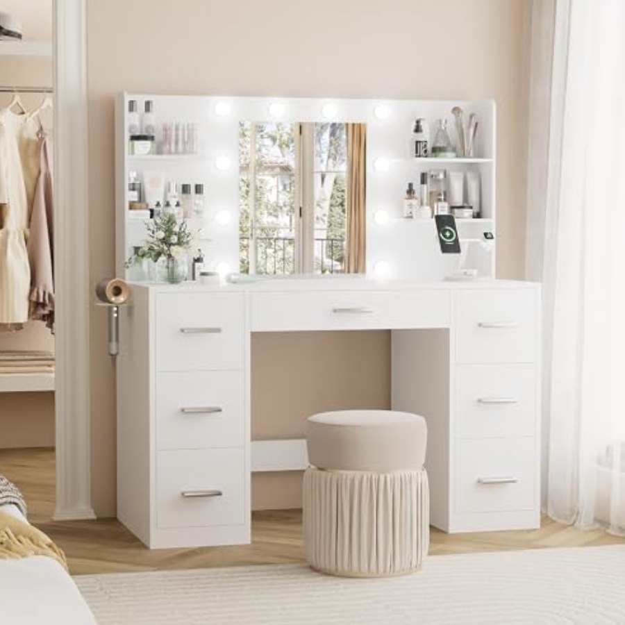 YESHOMY lighted vanity desk in a soft bedroom